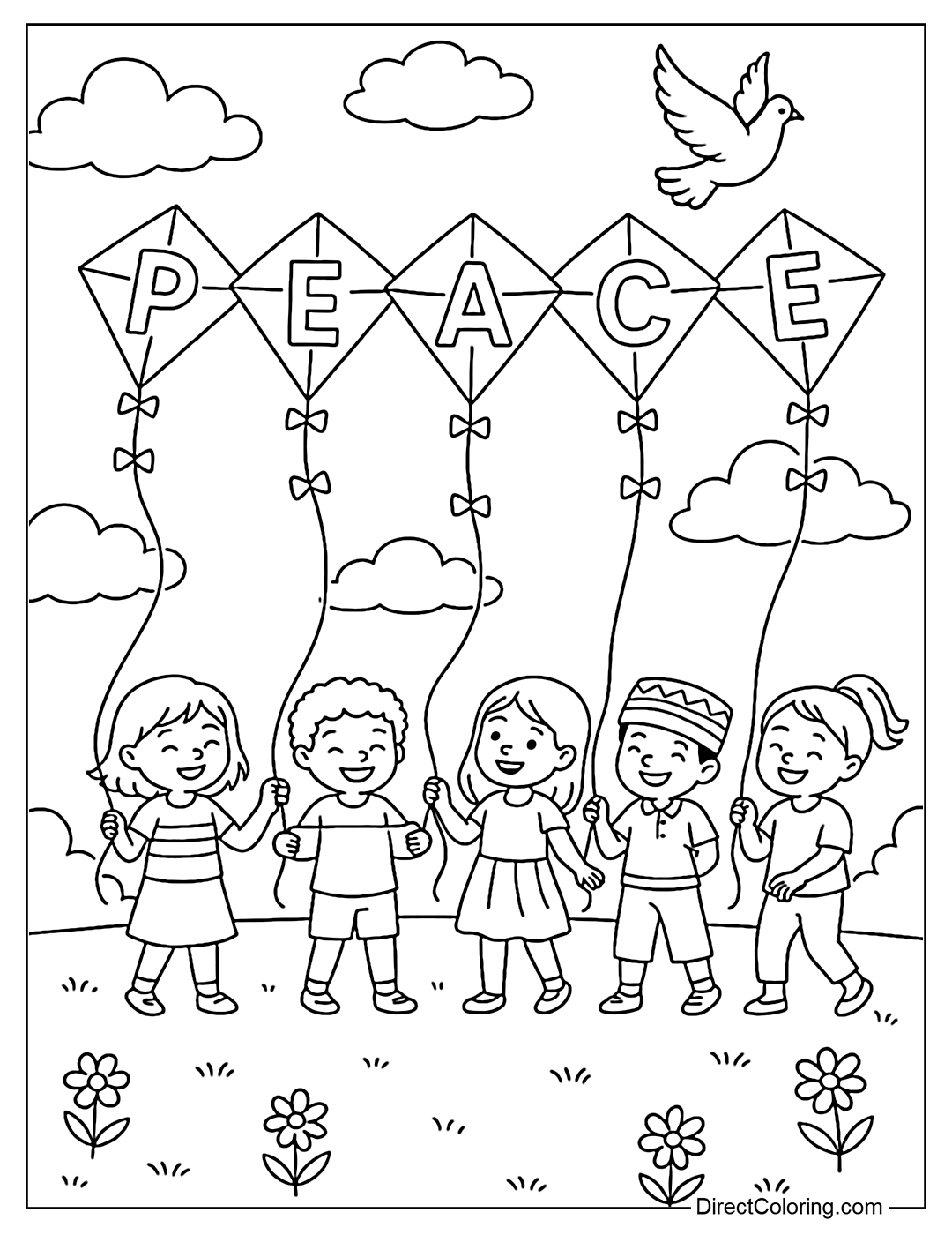 A coloring page of children flying kites connected by strings to spell out the word 